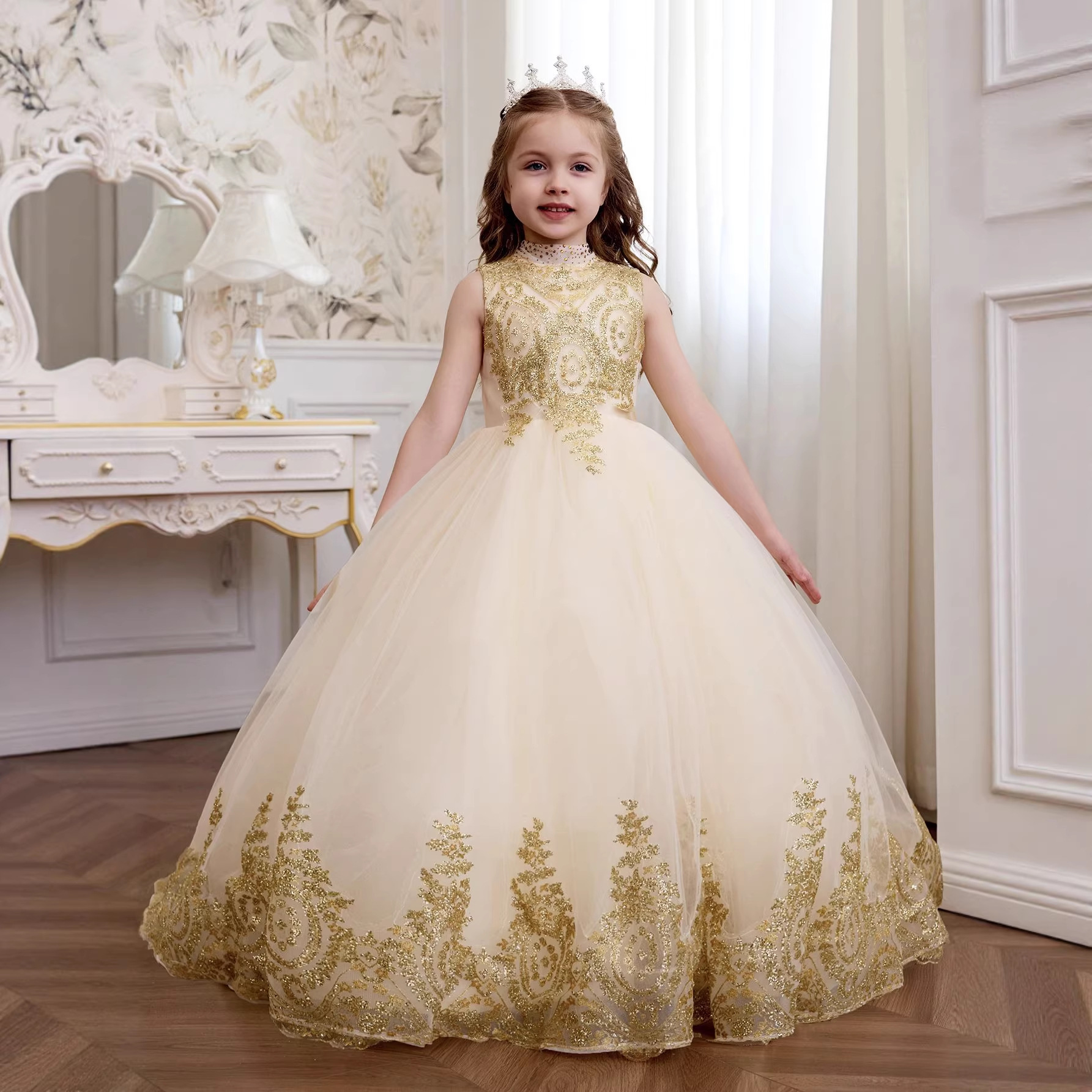 Vestidos de boda transfronterizos europeos y americanos para niñas, vestidos sin mangas para niñas, vestidos de presentación, vestidos de princesa con cola abullonada para niñas de las flores.