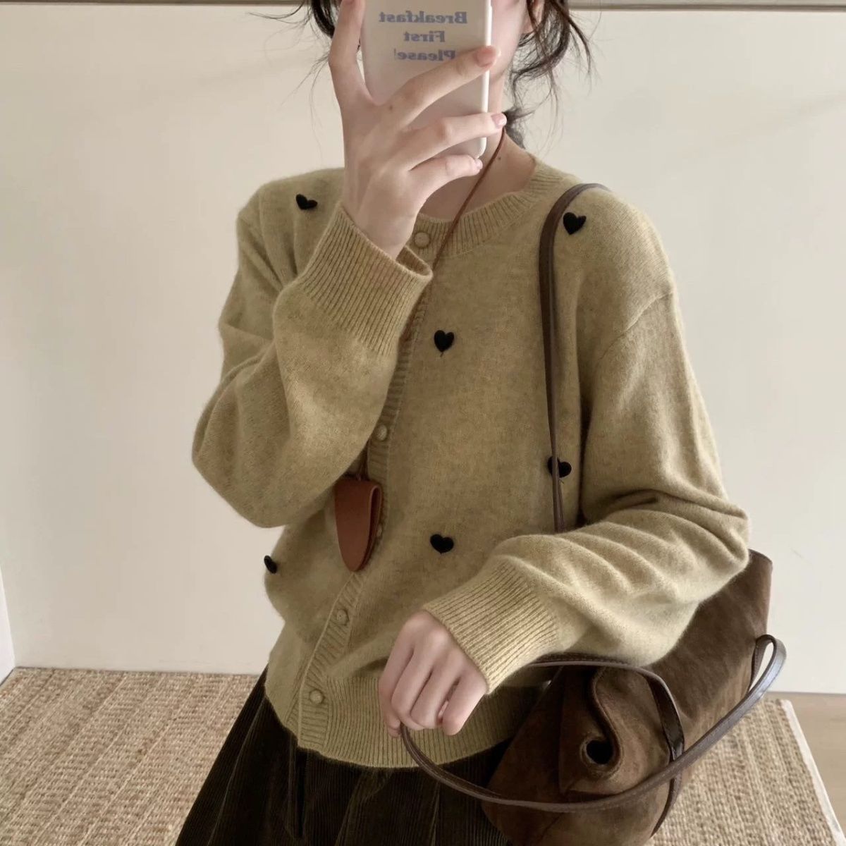 2025秋冬新款韩版圆领爱心长袖提花针织开衫毛衣休闲洋气小众上衣