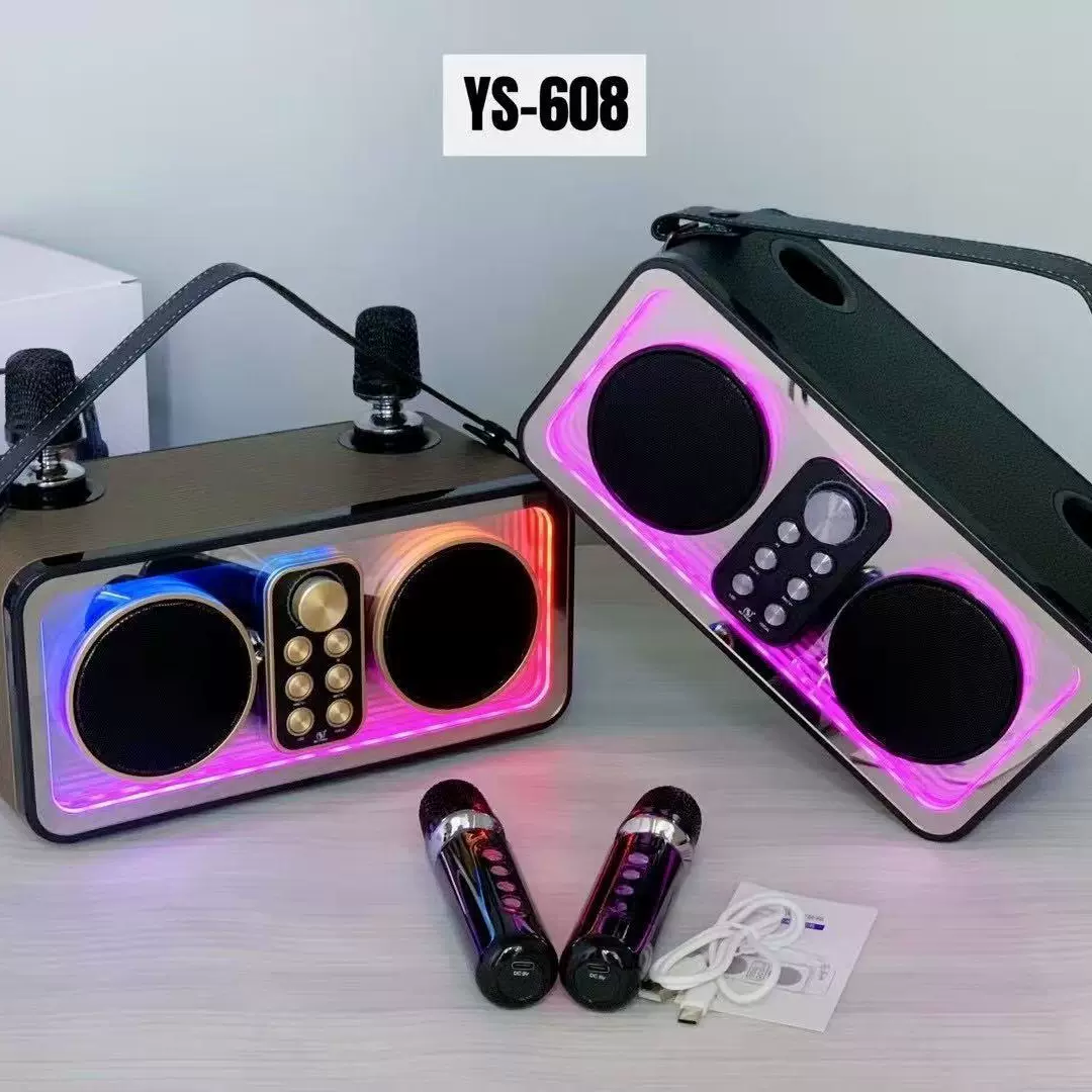 YS608 手提户外家用 皮纹 大功率 3600毫安 双无线麦 K歌音箱