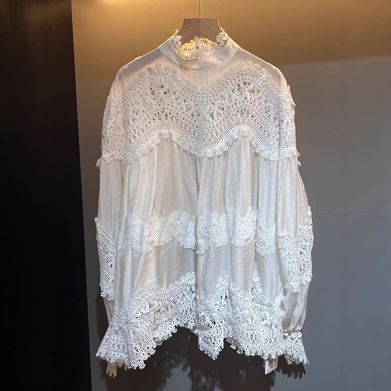 In Stock 26 New French-Style Elegant Heavy Lace Long-Sleeve Shirts for Women with a Sense of Design, Age-Reducing and Versatile with a Stand Collar