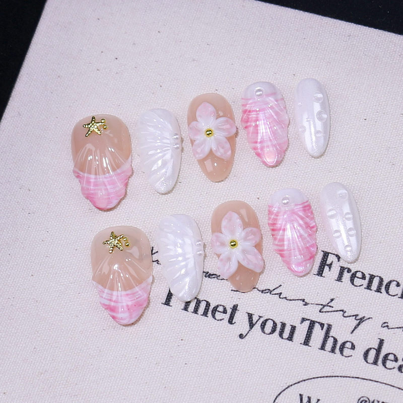 Cross-Border Pure Handmade Wearable Nails Three-Dimensional Carved Shell Ocean Manicure Patch Mermaid Removable Fake Nails