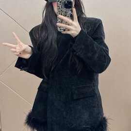 家感黑色灯芯绒加棉西装女韩系小个子气质洋气毛毛边外套2025秋冬