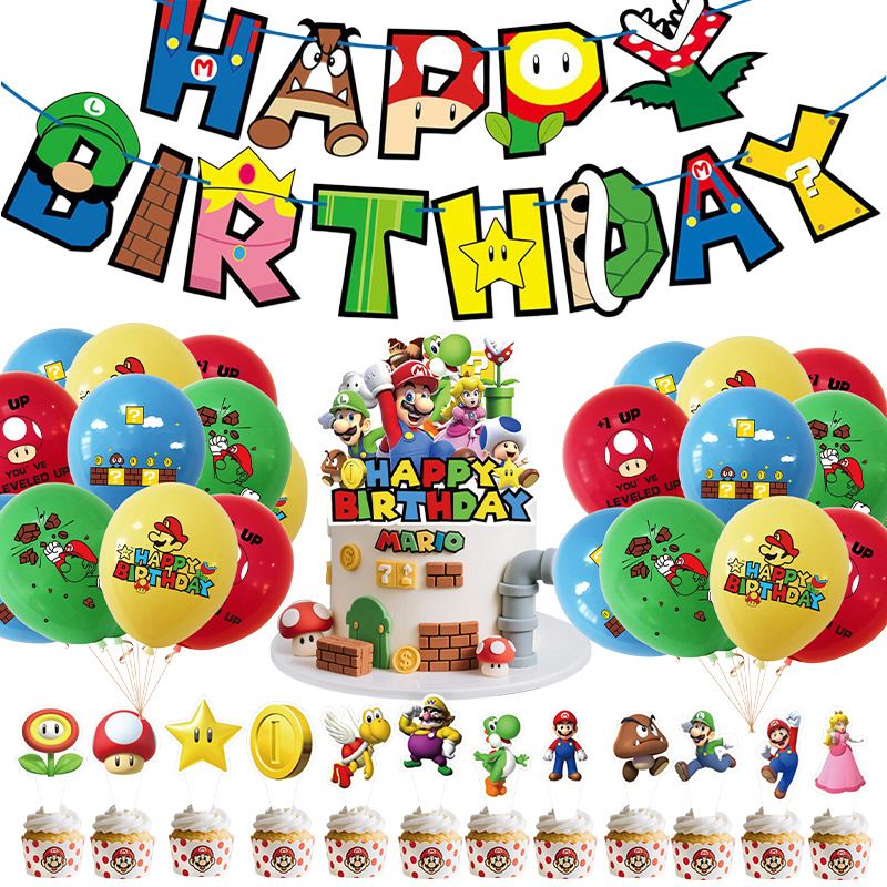 Mario theme party decoration boy's first birthday flag cake ball set…