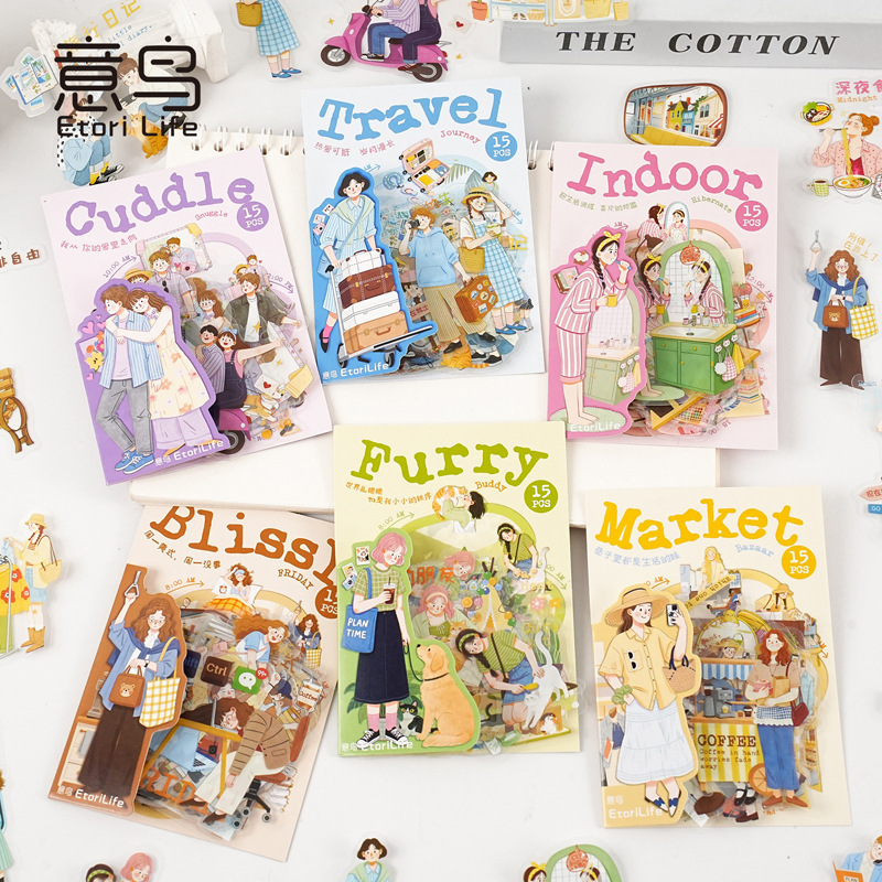 Yiniao One Day Little Joy Series Sticker Pack Ins Retro Character Journal Material Decoration DIY Scene Collage