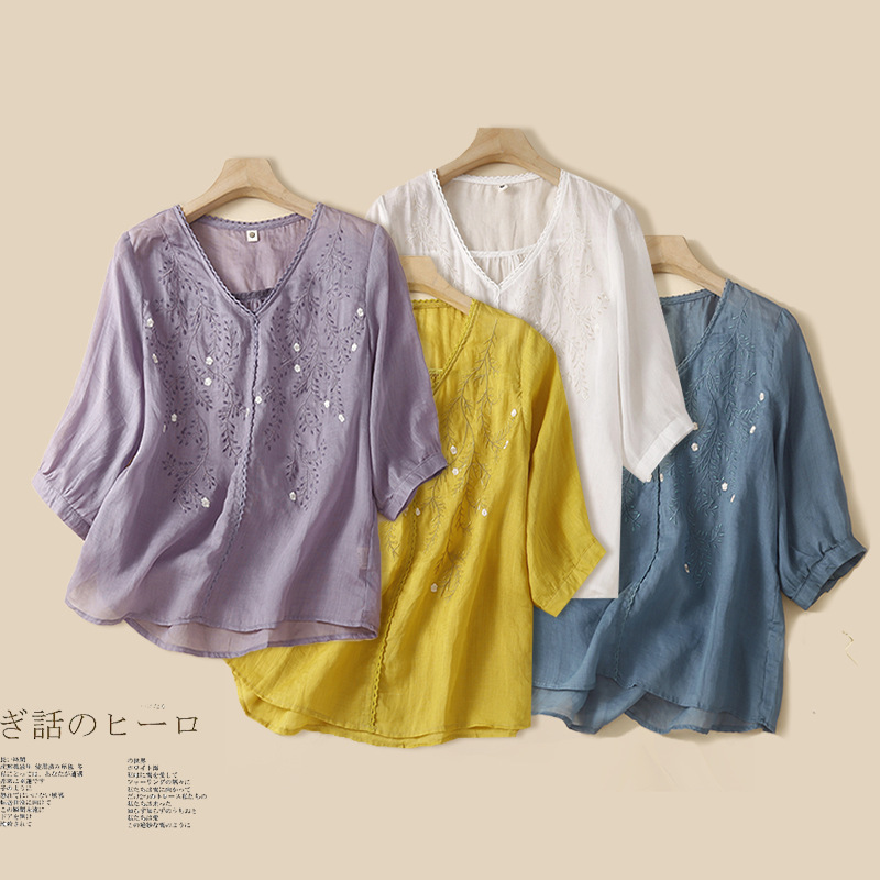 2025 Summer New Style Artistic Loose Thin Embroidered Floral V-Neck Half-Sleeve T-Shirt Women's Shirt Top 2025 Summer New Style Artistic Loose Thin Embroidered Floral V-Neck Half-Sleeve T-Shirt Women's Shirt Top