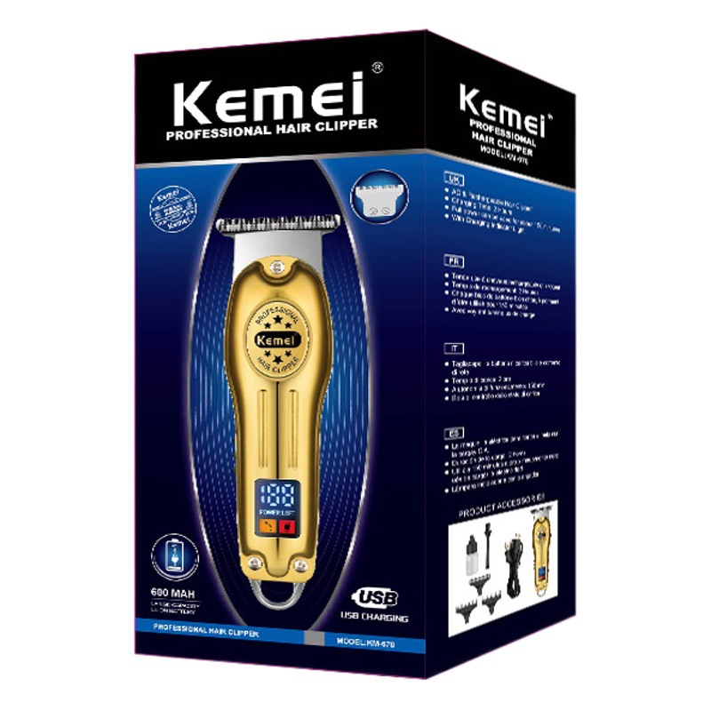 Cortadora de pelo Kemei, recortadora de puntas cruzadas KM-678, cortadora eléctrica metálica con pantalla digital para uso profesional en salones.