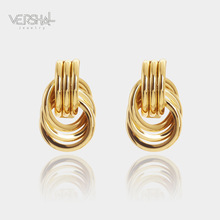 亚马逊新款欧美风厚重金色女士耳环真金电镀绳结多层几何悬垂耳环