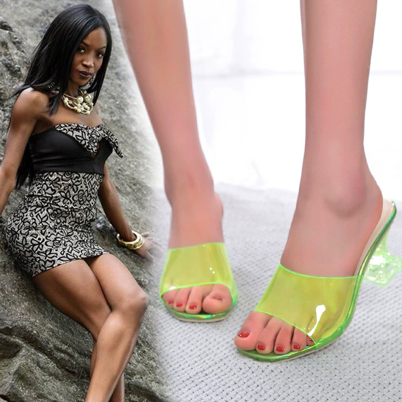 2022 Большие размеры внешней торговли женская обувь с квадратной головкой прозрачный однотонный верх из хрусталя стеклянный каблук Женская обувь на высоком каблуке трансграничная