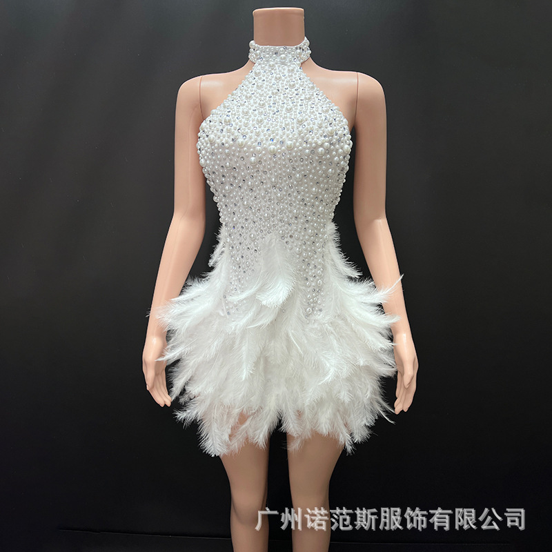 Exquisite Ballet Style Pearl Diamond White Swan Feather Halter Skirt Cheerleading Girl Group Singing Birthday Photo Dress