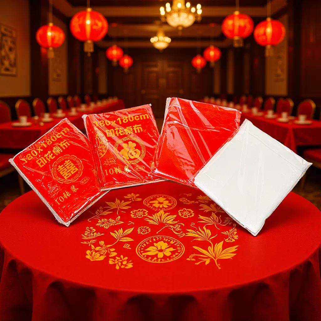 严选一次性桌面台布 加厚红色束口塑料餐布 婚宴酒席大排挡桌布罩