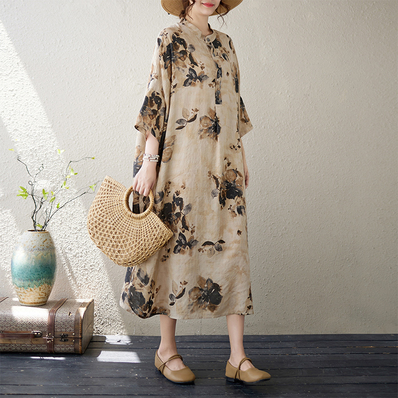 2024 Summer New Style Artistic Retro Cotton and Linen Printed Stand Collar Loose Oversized Vacation Dress 2024 Summer New Style Artistic Retro Cotton and Linen Printed Stand Collar Loose Oversized Vacation Dress