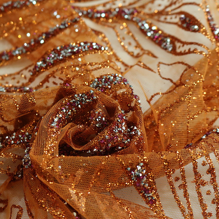 Nuevo post-proceso malla malla malla malla encaje oro rociado diamante vestido de boda tela de vestido de teatro tela