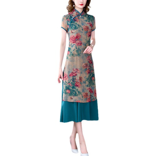 Cheongsam impression in same summer new tide of female temperament dress fashion, cultivate one morality show thin acetic acid emulation silk Chinese Dresses Qipao for women 