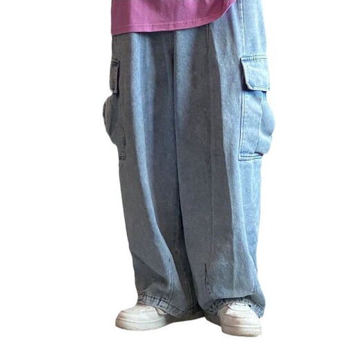 Cross-border retro washed relaxed wide-leg men's jeans BF with drape to the ground lazy workwear large pockets straight leg vintage
