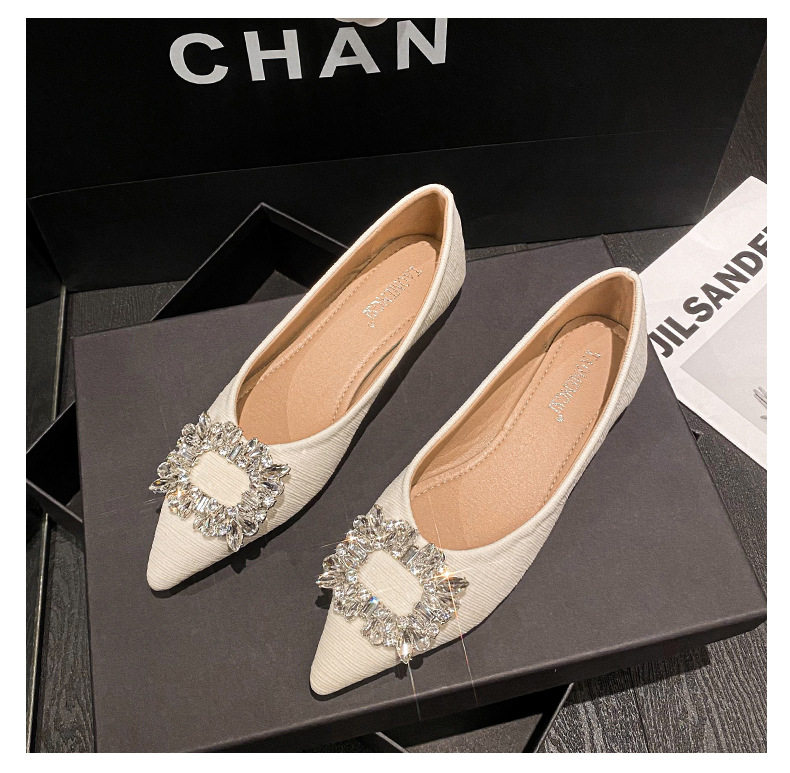 Giày búp bê nữ mũi nhọn gót thấp đính đá phối nơ, kiểu Pháp thanh lịch — Màu hồng, Màu mơ, Màu đen chi tiết 35