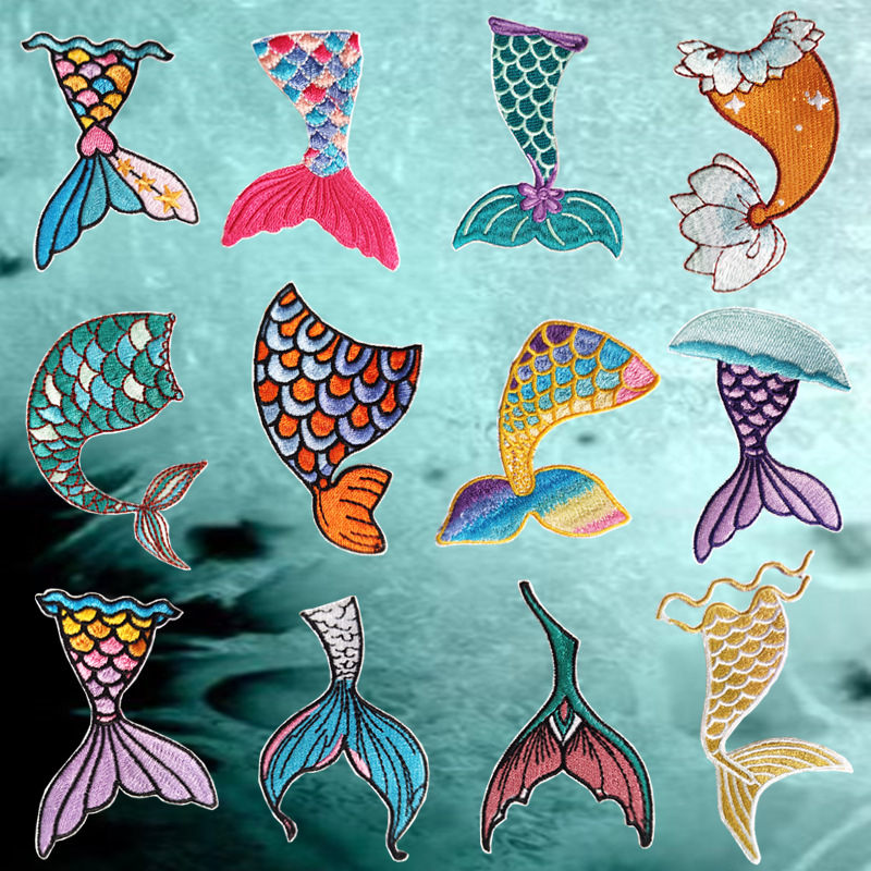 新款彩色布贴美人鱼尾动漫刺绣贴手机平板装饰补丁贴电脑绣花章仔