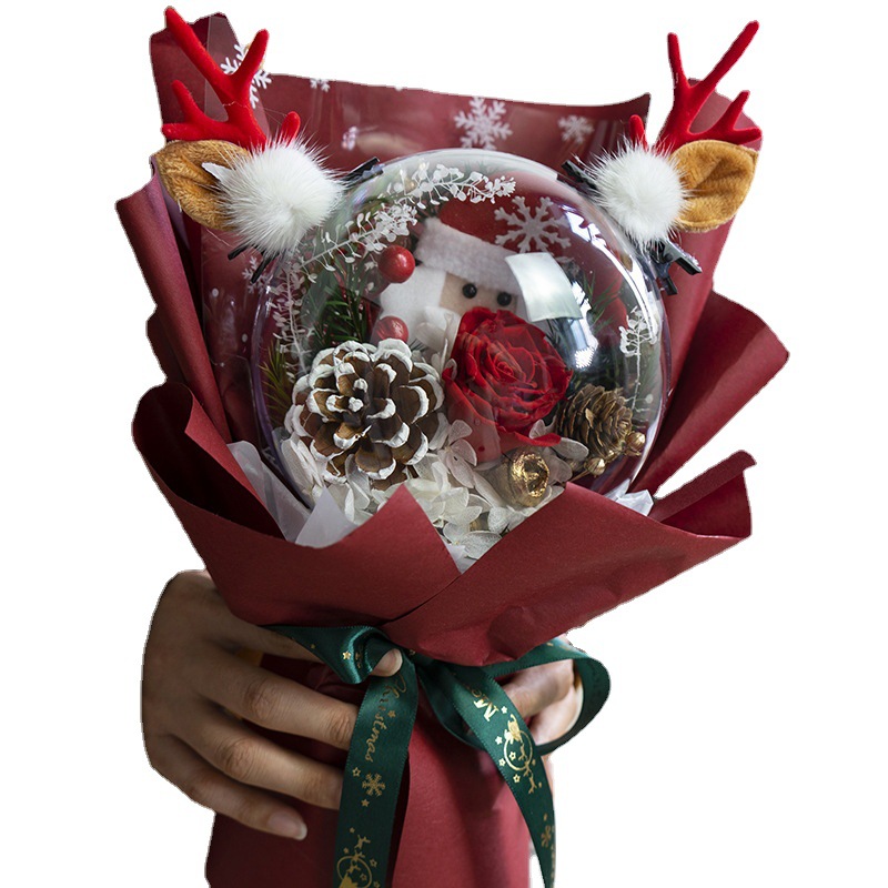 Ramo de Navidad rosa roja flor eterna ola bola ramo de Navidad caja de regalo al por mayor