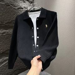 跨境2025早秋小众高版小马刺绣针织开衫男长袖外套百搭男士毛衣