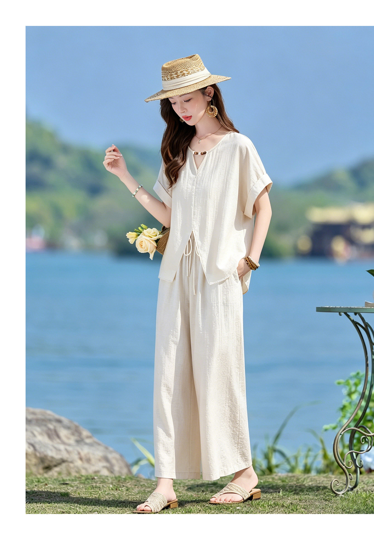 Bộ quần áo nữ hai mảnh gồm áo thun cổ V rộng và quần dài ống rộng phong cách tối giản — Cam đỏ, Màu cà phê nhạt, màu trắng ngà chi tiết 9