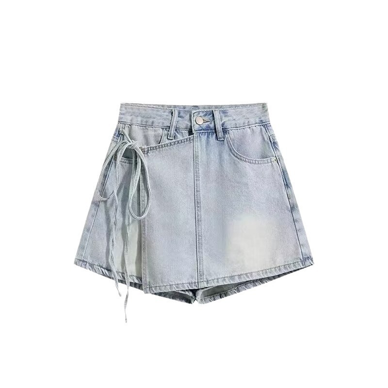 女性用フェイクツーピースデニムショートパンツスカート、夏用ハイウエスト不規則デザインストラップスカート、小柄なホットガールパンツ|undefined