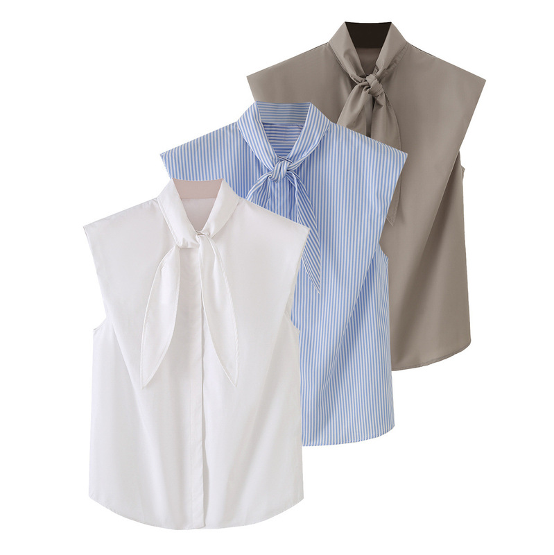 Cross-Border Women's Clothing 2026 European and American Fashion Loose Bow Tie Flutter Collar Cotton Sleeveless Shirt for Women M86982