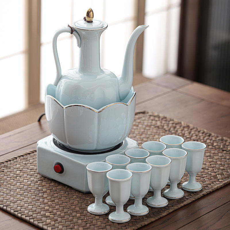陶磁器温熱酒壺酒具セット青磁家庭用中国式白酒烈杯分酒器清酒黄酒杯|undefined