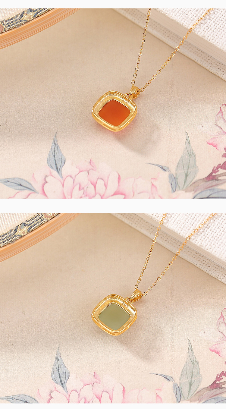 Mặt dây chuyền bạc S925 mạ vàng hình vuông đơn giản phong cách hình học — Mẫu ngọc bích trong (mặt dây chuyền đơn) chi tiết 11