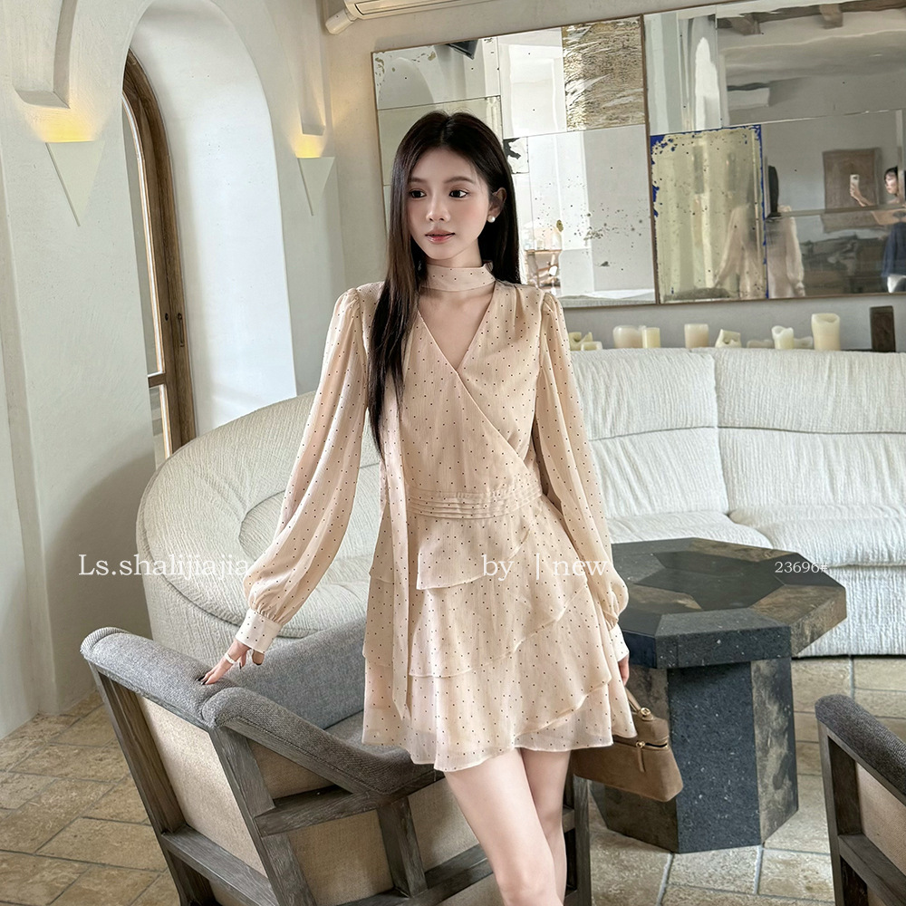 LS French Elegant V-Neck Polka Dot Dress, Guangzhou Shisanhang 2026 Early Autumn New Style Dress 23696#