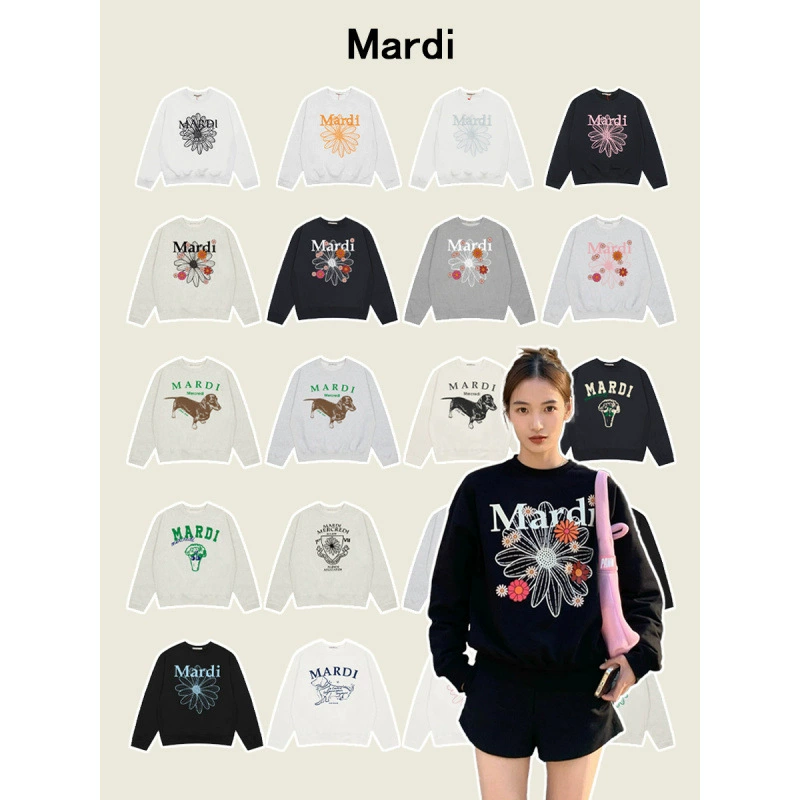 Корейский модный женский свитшот Mardi, новый стиль Daisy 25, вышивка с принтом, круглый вырез, весенний свитшот Mardi с вышивкой.