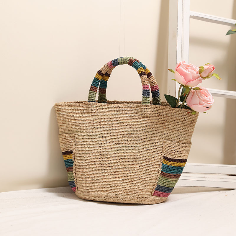 Luxury Raffia Hand-Woven Tote Bag - New Fashion Colorful Outer Pocket Woven Bag For Women, Beach Vacation Bag - Thumbnail 4
