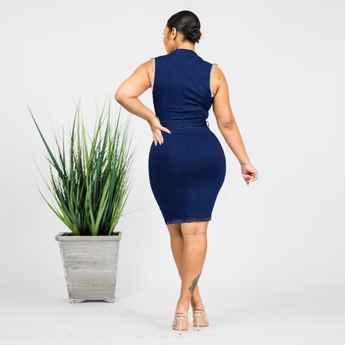 Plus Size Slim Single-Breasted Grinding Ripped Denim Dress NSWL116469