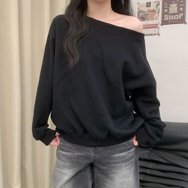 美式花灰色露肩斜肩卫衣女春秋季感宽松慵懒风斜角肩长袖上衣|undefined