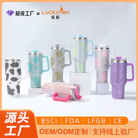 汽车镶钻冰霸杯奶牛纹保温杯车载车用钻石带钻水钻真空手柄把手杯