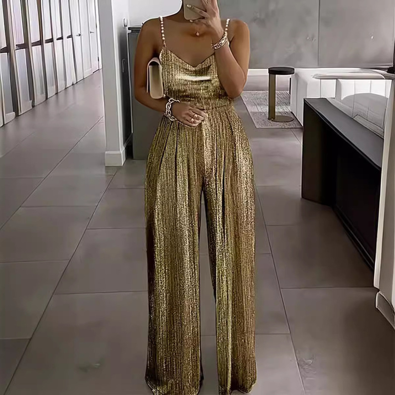 Spring and Summer 2024 New Cross-border European and American Women's Wish Wide Leg Pants Tight Waist Dress Elegant Strap Beaded Pants