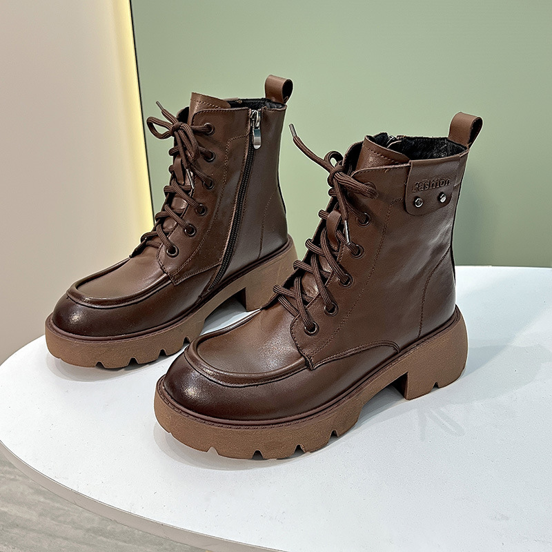 ShoeVault First Layer Cowhide Martin Boots For Women, Autumn And Winter Vintage British Style Casual Short Round Toe Mid-Calf_vogvips.com