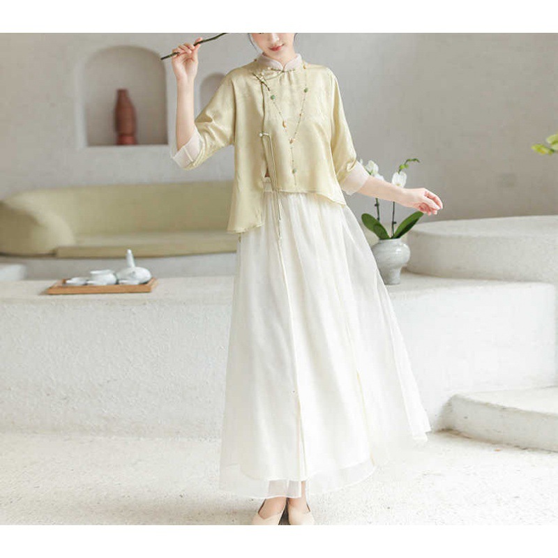 2026 Spring New Style Improved Chinese Literary Tang Suit Loose Fit Zen Tea Ceremony Two-Piece Set