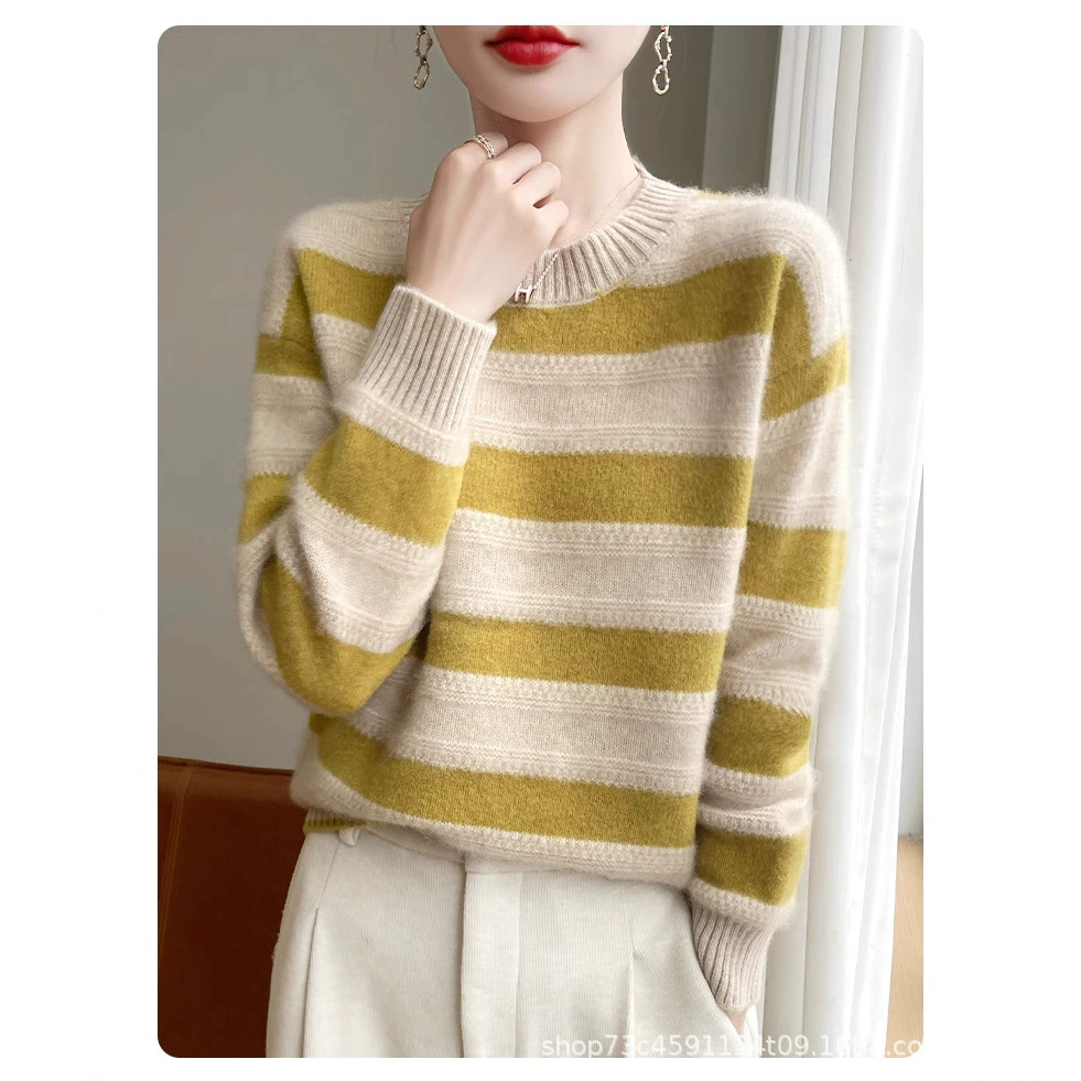 Осенний и зимний кардиган горизонтальный цвет в полоску свитер женский с круглым вырезом свободный дикий кашемировый трикотажный нижний топ