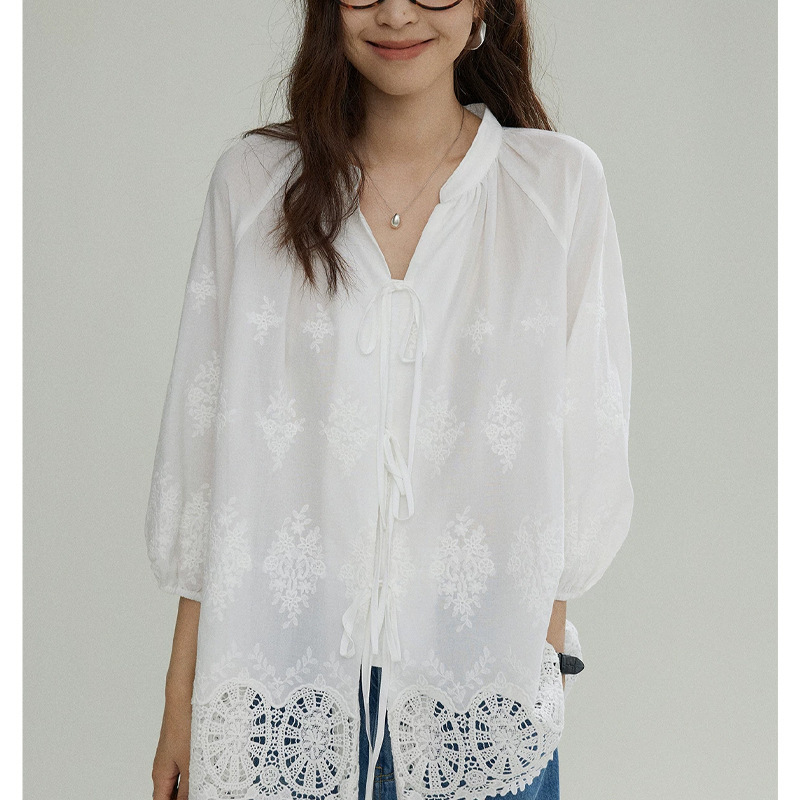 Heavy Embroidery Lace-Trimmed Cotton-Like White Shirt for Women, Summer High-End Niche Versatile Blouse Heavy Embroidery Lace-Trimmed Cotton-Like White Shirt for Women, Summer High-End Niche Versatile Blouse