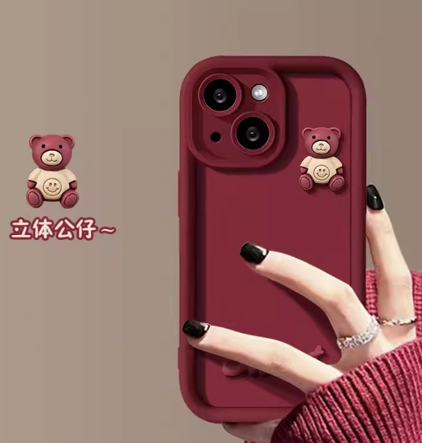 ProMax par Apple 14 caja del teléfono para IP13/12 Vino rojo café oso tridimensional IPhone15/15