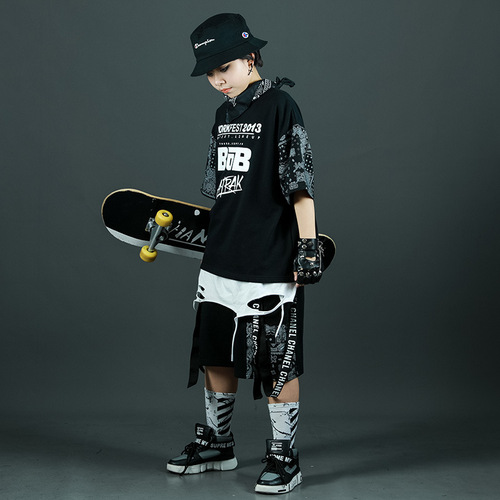 Korean Streetwear Hip-Hop Child Set for Boys, Almond-Color Performance Outfits for Kids