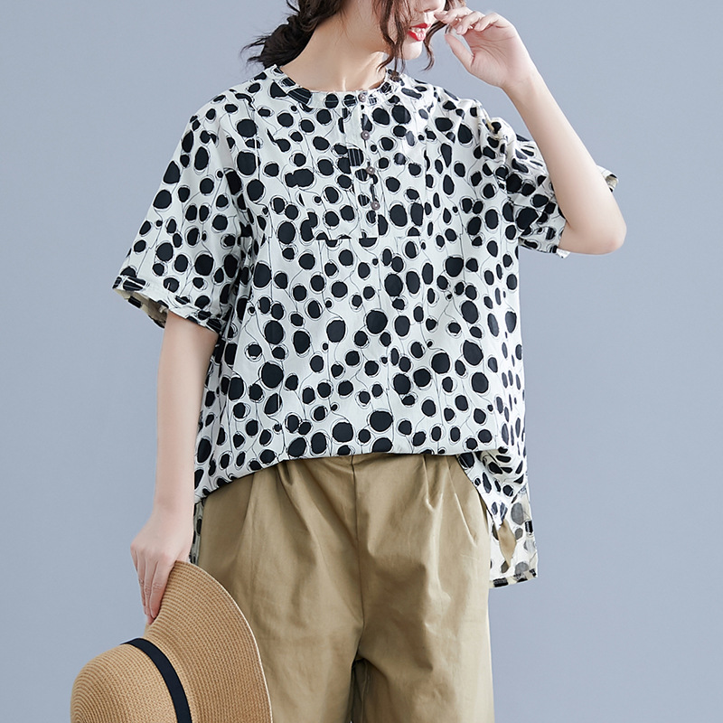 夏季韩版大码休闲衬衫女胖mm宽松显瘦圆点棉麻短袖上衣|ms