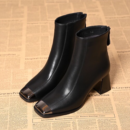 Women's Fall/Winter Square Heel High-Cut Short Boots, Thick Heel Genuine Leather Women's Shoes, Soft Leather Bare Boots, Mid-Cut Martin Boots