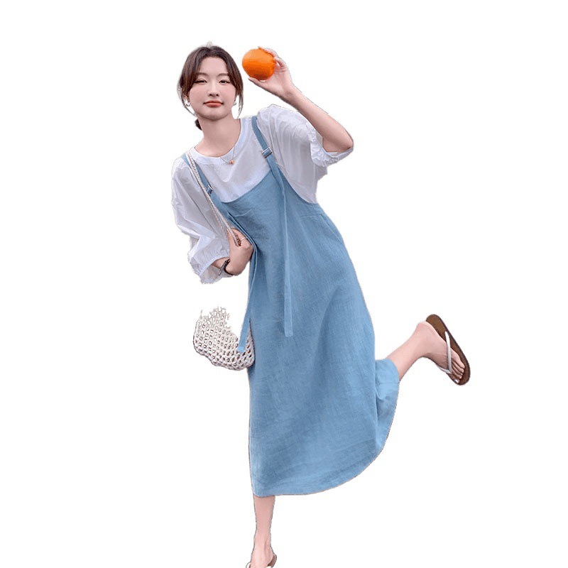 ブルーカジュアル年齢軽減サスペンダースカートスーツ女性のための夏の2025新しいフレンチパフスリーブトップAラインスカート2点セット|undefined