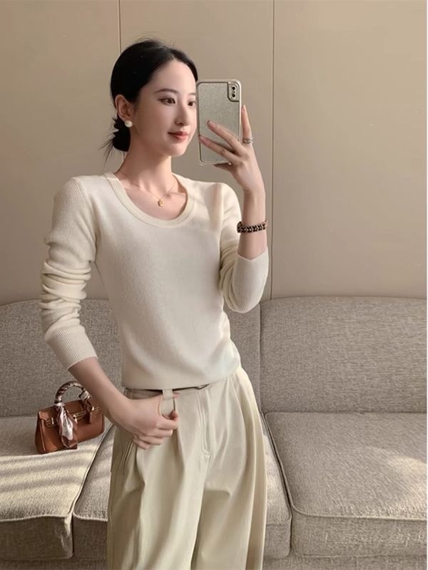 依帆泰新款韩版毛衣U领长袖安迪绒纯色修身显瘦休闲针织衫百搭|undefined