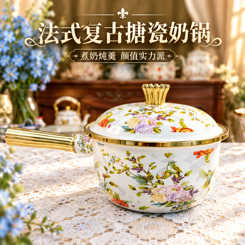 Popular enamel milk pot in Europe and America, single-handle design, suitable for preparing baby food and instant noodles, enamel soup pot, can be used on induction cooktops