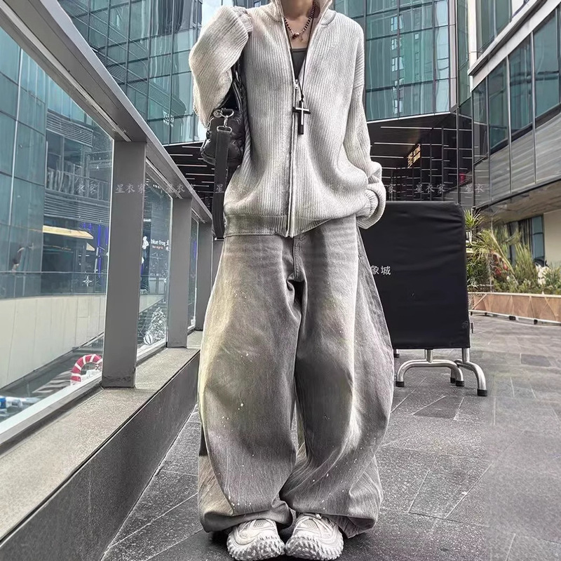 美式复古水洗做旧灰色泼墨弯刀牛仔裤男女潮牌街头宽松阔腿裤子潮|undefined