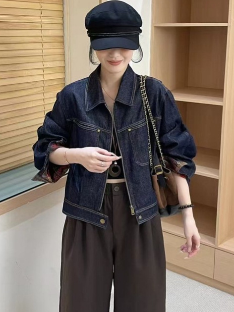 撞色格子压线牛仔短款外套女2025秋季新款小个子宽松显瘦夹克上衣|undefined
