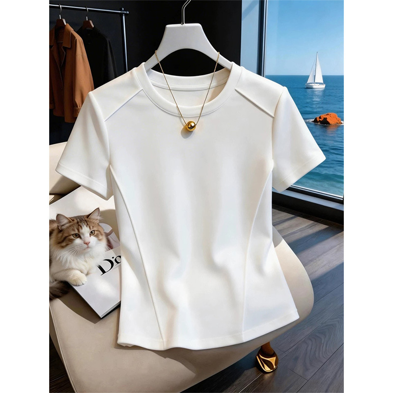 2026 Summer Niche Fishbone Line Design Minimalist Slimming Versatile White Pure Cotton Short-Sleeve T-Shirt Women's Top