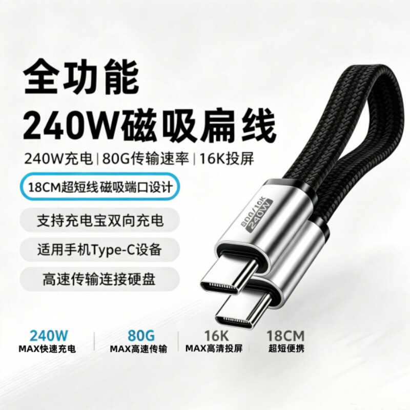 New Type-C Magnetic Data Cable with Magnetic Design, Usb4.0 Ultra-Short Portable Charging Cable, 240W Fast Charging