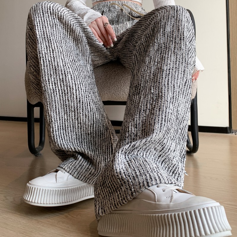 春季新品小香风复古慵懒直筒休闲裤女高腰宽松条纹阔腿裤拖地裤子